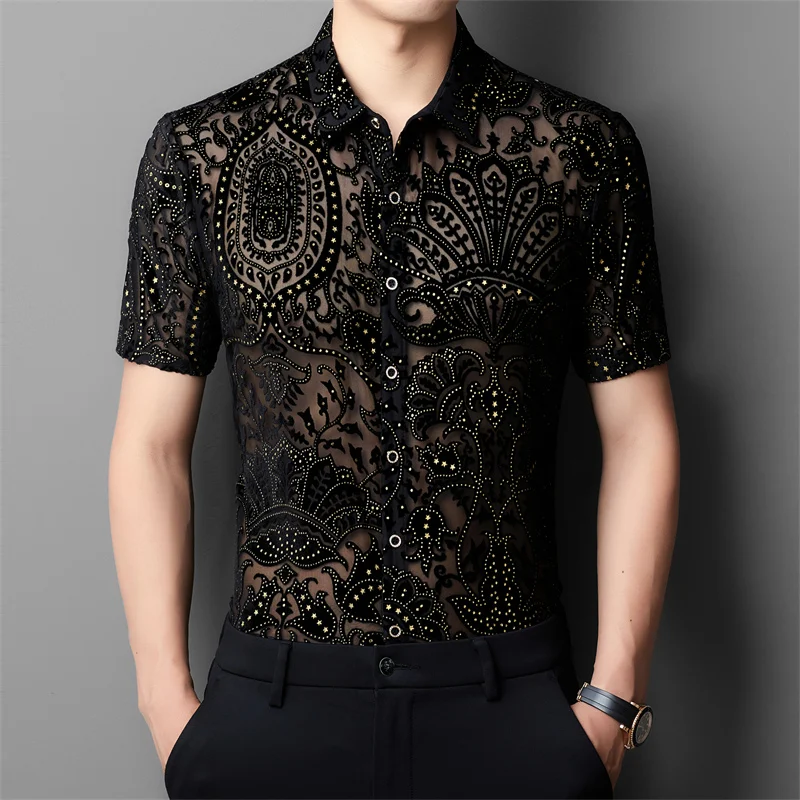 Hollow Transparent Fashion Shirts For Men Short Sleeve Easy Care Summer Quality Velvet Silky Breathable Trends Camisas De Hombre