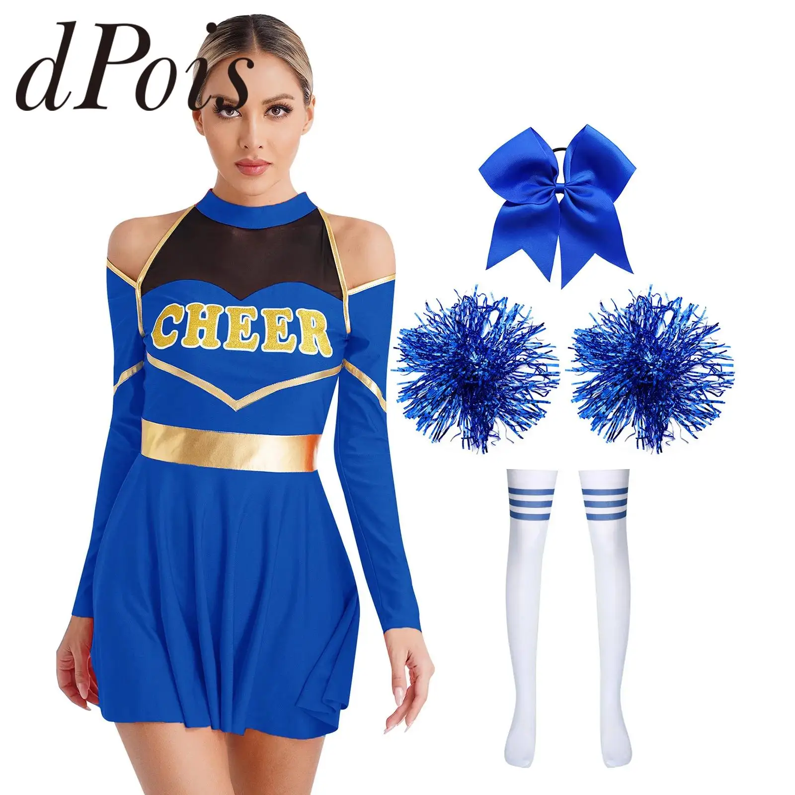 Women Cheerleading Uniform Cheerleader Costume Cheer Dance Dress Stockings Bowknot Hair Band Flower Balls Cheering Team Outfits