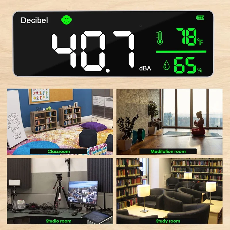 Nowy czytnik poziom dźwięku miernik decybeli 3 w 1 + wilgotność i temperatura. Miernik hałasu w klasie, miernik SPL & DB do montażu na ścianie