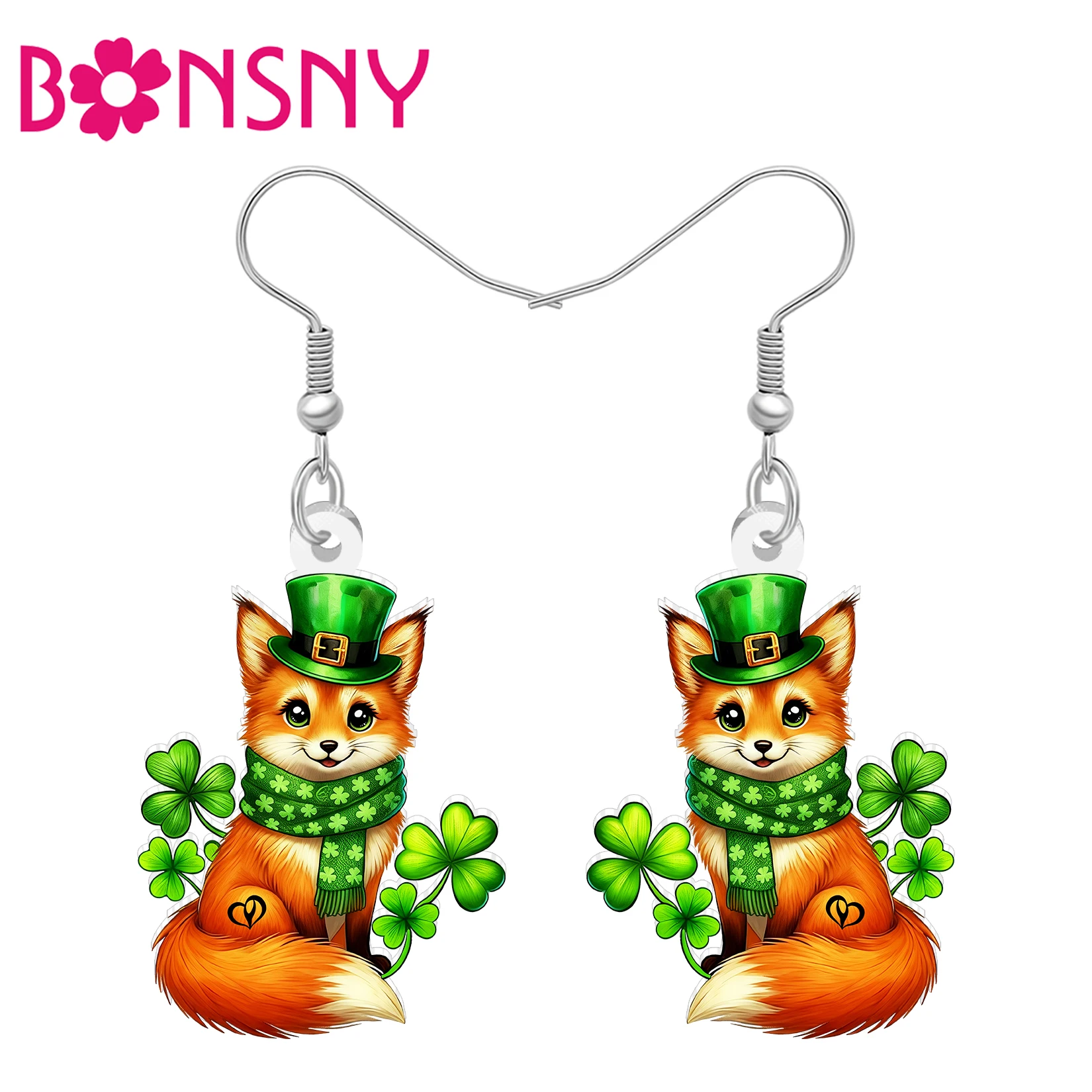 BONSNY Acrylic St Patricks Day Fox Earrings Green Lucky Shamrock Cartoon Forest Animals Jewelry Good Luck Gifts For Women Girls