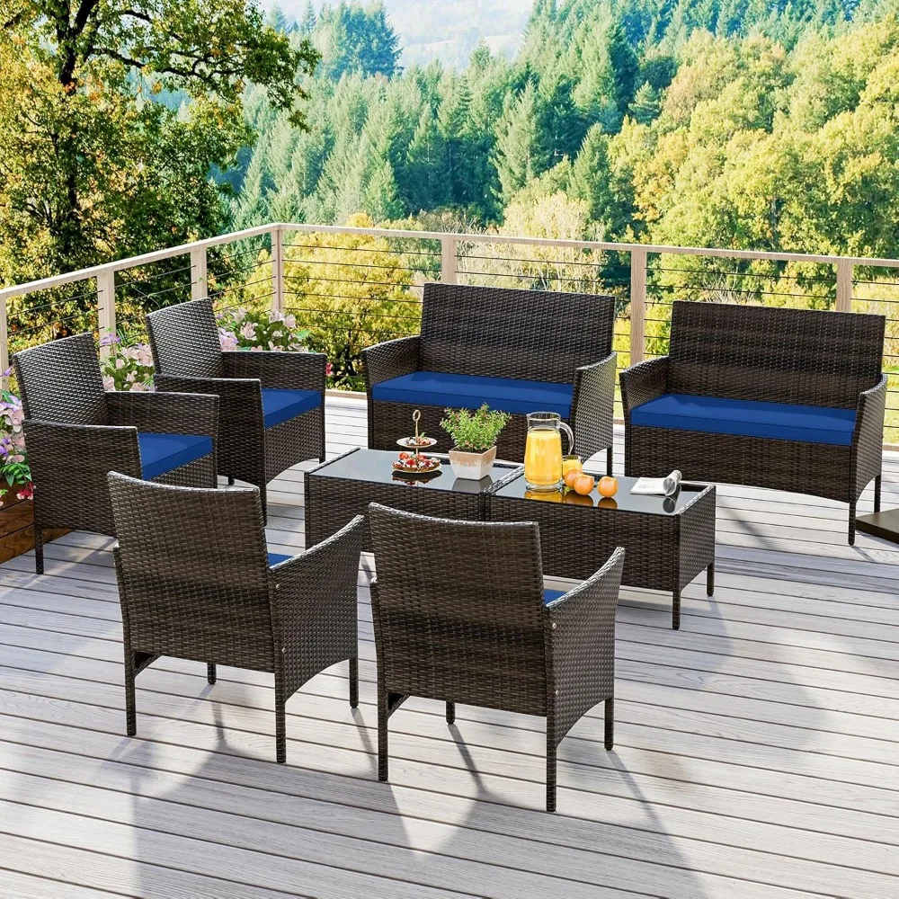 

8 Piece Patio Furniture Set, Outdoor Rattan Conversation Set with Loveseat, Wicker Chairs, Tempered Glass Coffee Table, Wicker
