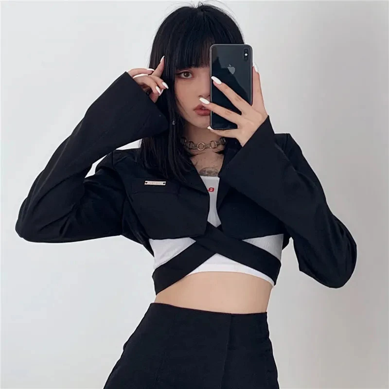 

MEXZT Y2K Cropped Jackets Women Black Cross Bandage Suit Coats Streetwear Blazers Korean Long Sleeve Casual Short Outwear Tops