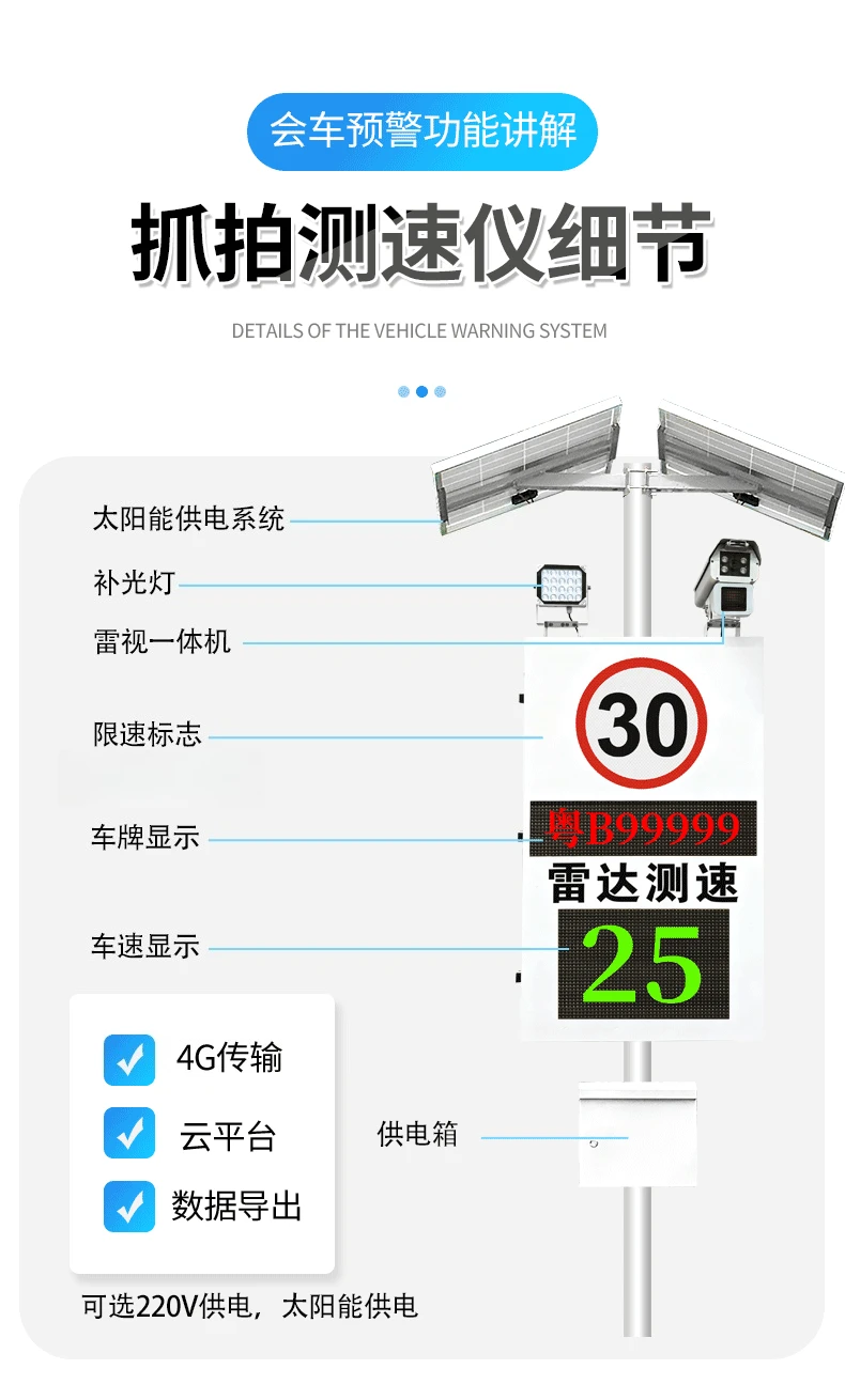 Radar speed meter overspeed capture license plate display speed feedback LED screen solar road interval speed measurement