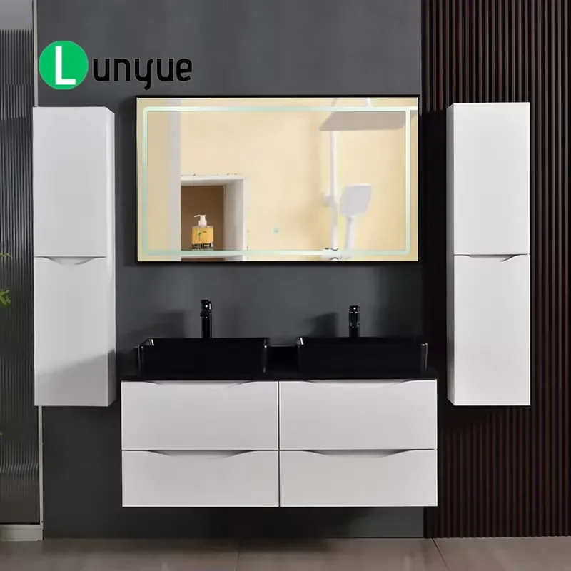 Modern 1200mm White Double Sink Floating Bathroom Vanity with LED Mirror Luxury Wall Hung Cabinet Set for Villa Bedroom Eco