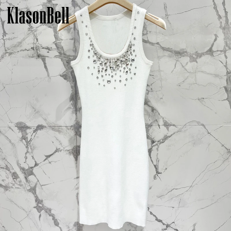 

6.12 KlasonBell Women Fashion Bling Hand Diamonds U-Neck All-matches Slim Knitted Dress Women Wool Blend Sleeveless Tank Dress