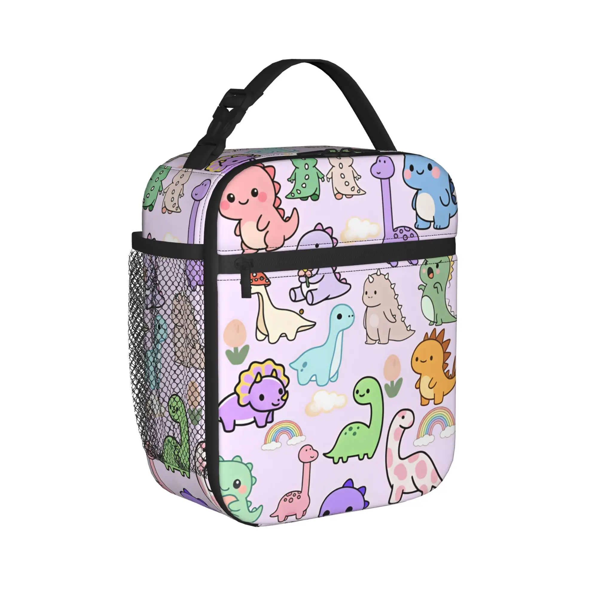 Pastel Kawaii Dino Dinosaur Friends Pattern Lunch Bag For Men  Print Outdoor Picnic Lunch Box Cute Portable Oxford Cooler Bag