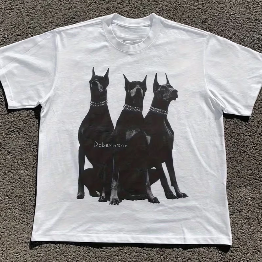 Doberman Pinscher Print T-Shirt for Men and Women- Striking Black Short-sleeved Retro Street Y2K Casual Fashion Tops Clothing