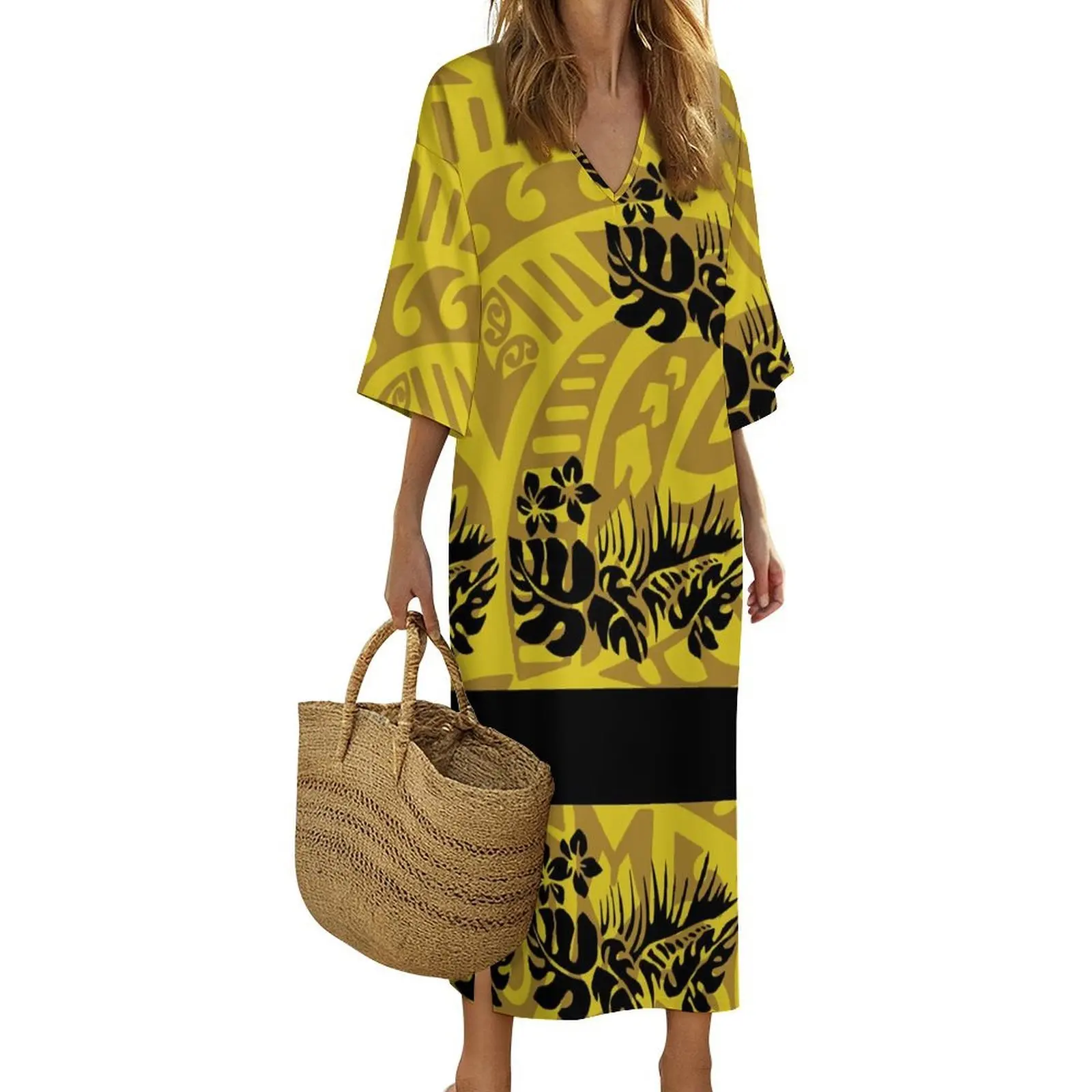 

V-Neck Women'S Dress With Polynesian Print Pattern, Custom-Made Summer Best-Selling Women'S Long Gown Dress