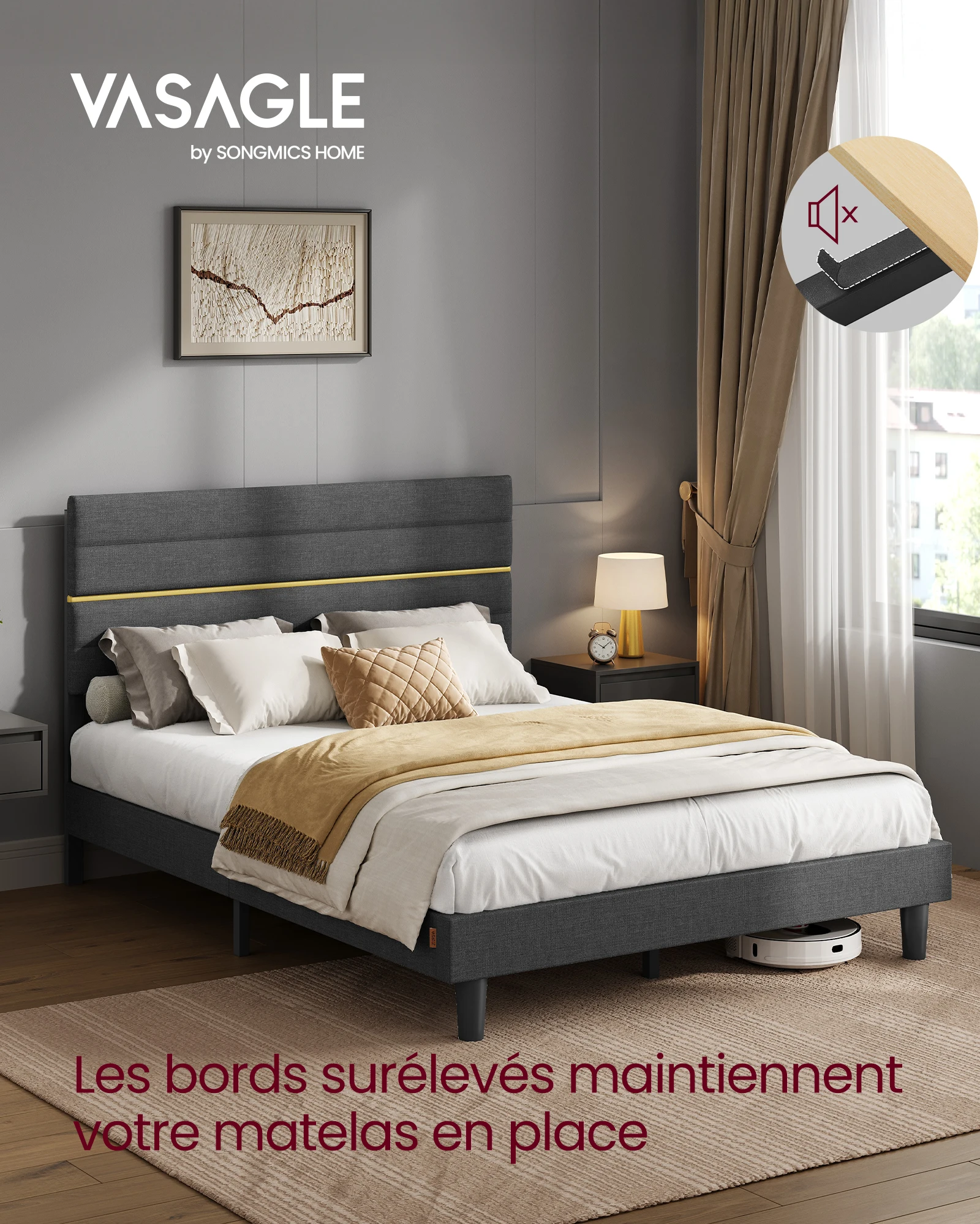 VASAGLE Lit Double, Cadre de Lit, Convient pour Un Matelas de 140 x 200 cm, Tête de Lit Rembourrée Ajustable, en Métal, Bois Massif, Moderne, Gris Ardoise