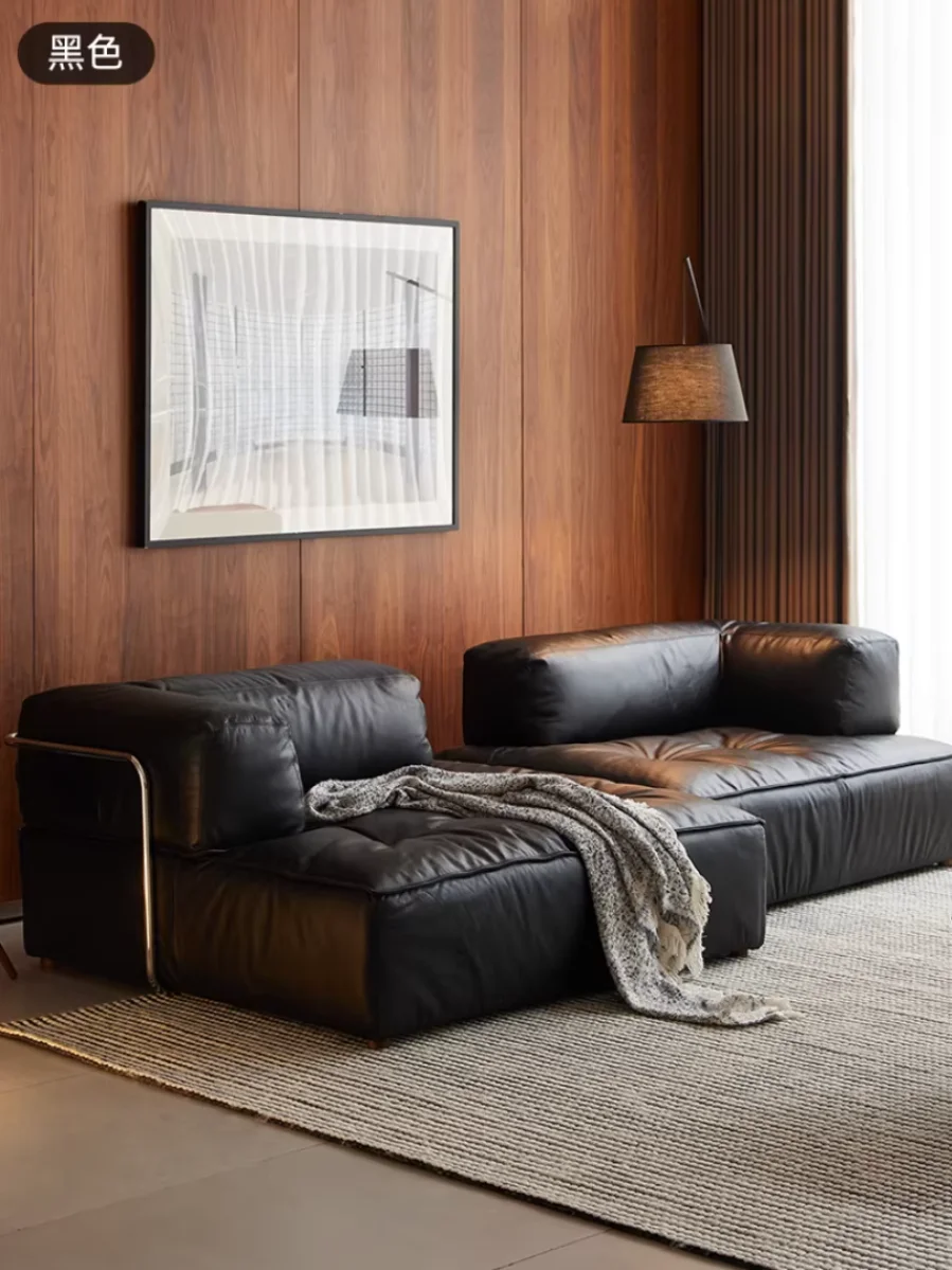 Nordic medium modular design black microfiber leather L-shaped sofa set large flat corner tofu block
