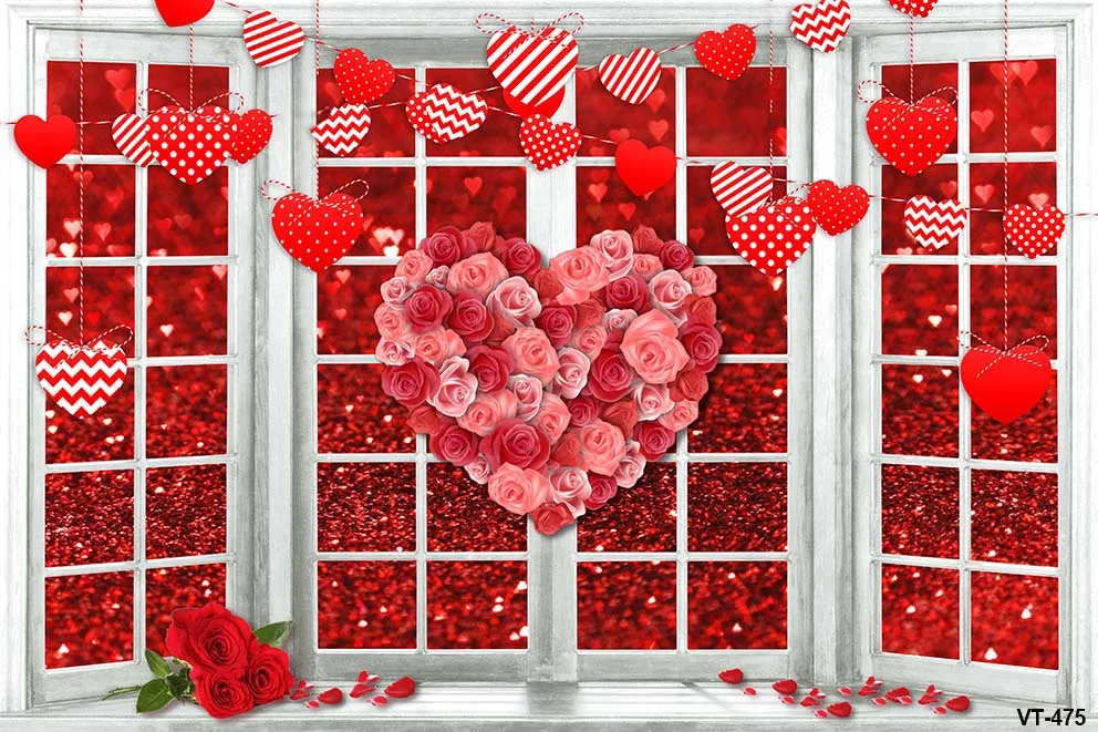 Fondo rojo con forma de corazón, decoración con globos, coches y nieve, ventana, flores, fiesta de boda, silla de pared de ladrillo, accesorios de fondo Bokeh