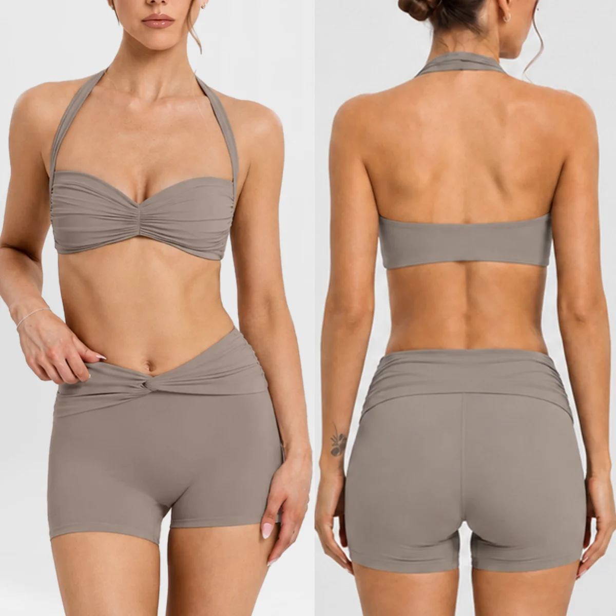 Women 2 Pcs Yoga Set Halter Twist Ruched Push‑Up Sports Bra Twist High Waist Workout Shorts Soft Stretch Gym Pilates Fitness Set