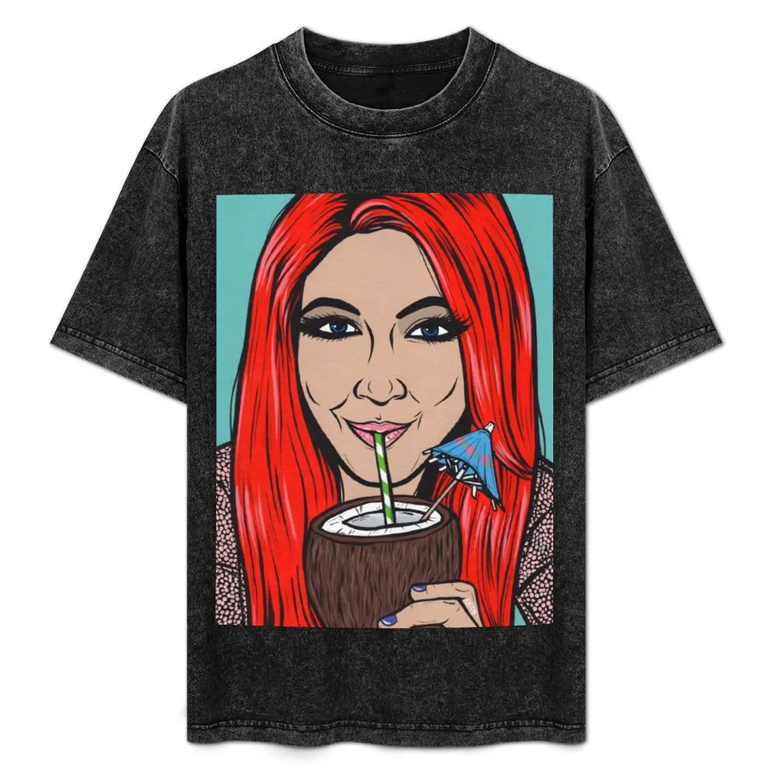

Red Head Comic Girl Drinking T-Shirt Big Size Crew Neck T-Shirt