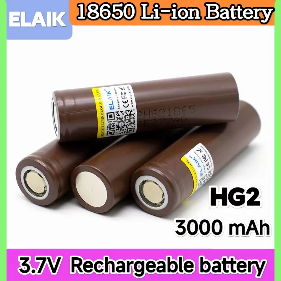 ELAIK 3.7v 18650 HG2 3000mAh baterai isi ulang Lithium 30A keluaran berkelanjutan untuk alat daya Drone