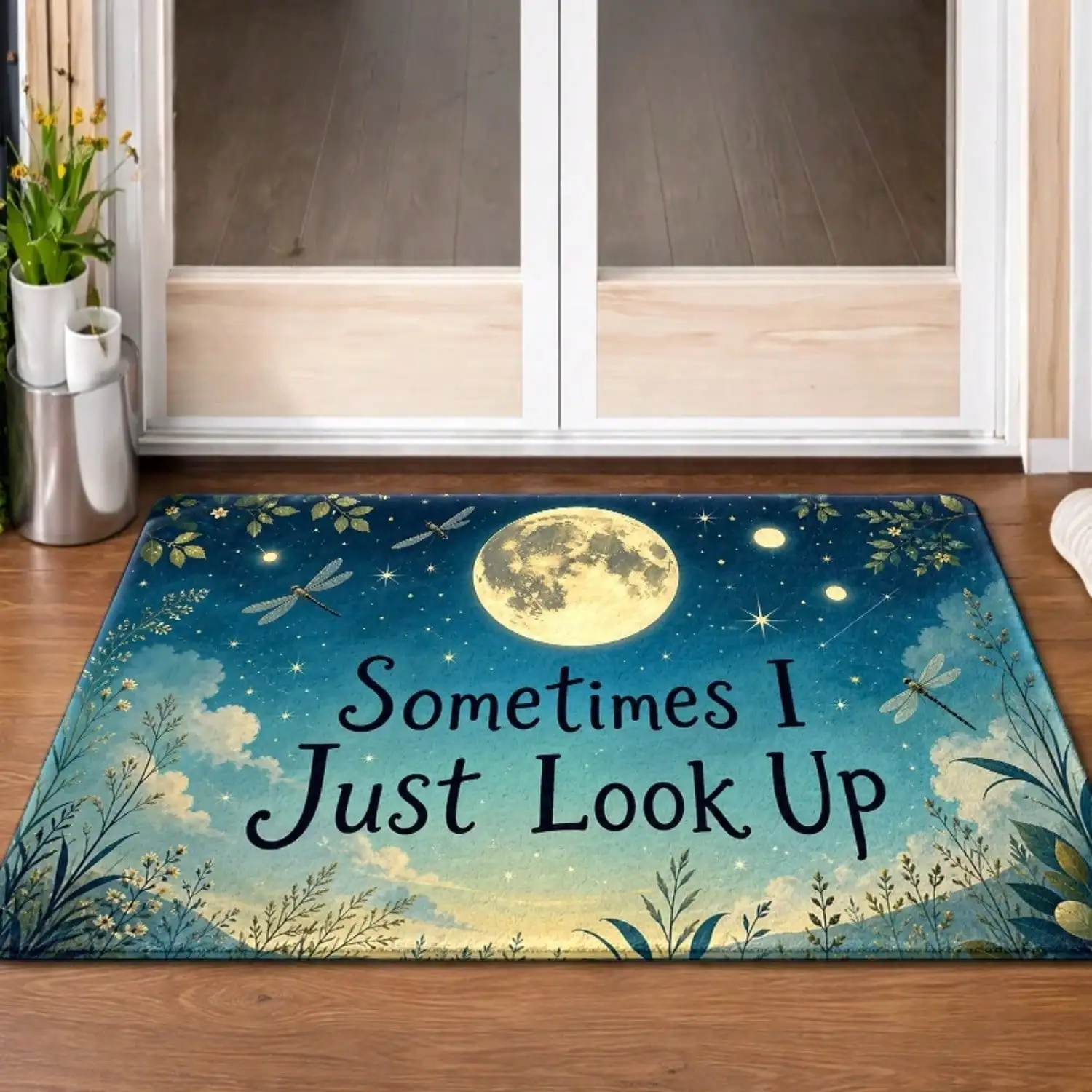 1pc, Dreamy Moonlit Night Dragonfly Printed Doormats, Durable, Machine-Washable, Bath Mat Suitable For Living Room, Bedroom, Office, Indoor, Bathroom, Balcony