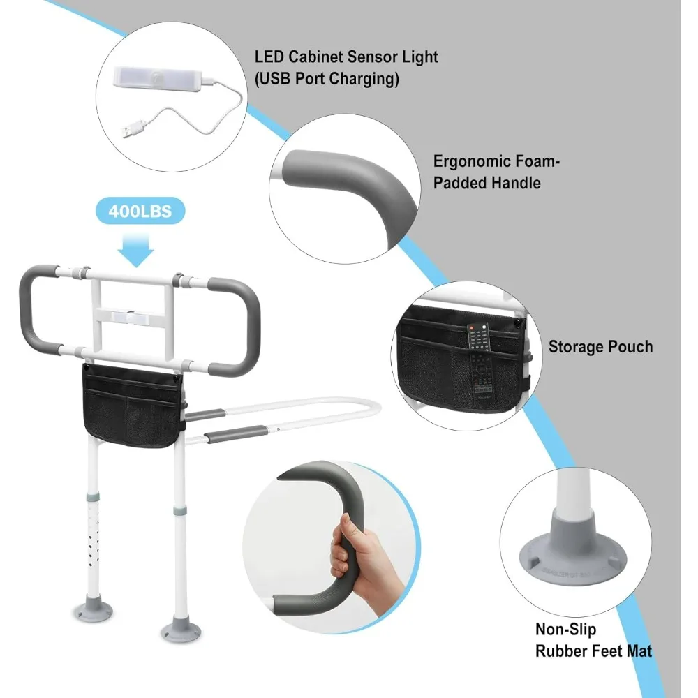 Lit R64 pour Homme et Adulte, Guide d'Assistance de Lit Réglable avec Lumière de Mouvement et Poudres de Stockage, Poignée de Lit avec Pieds de Support