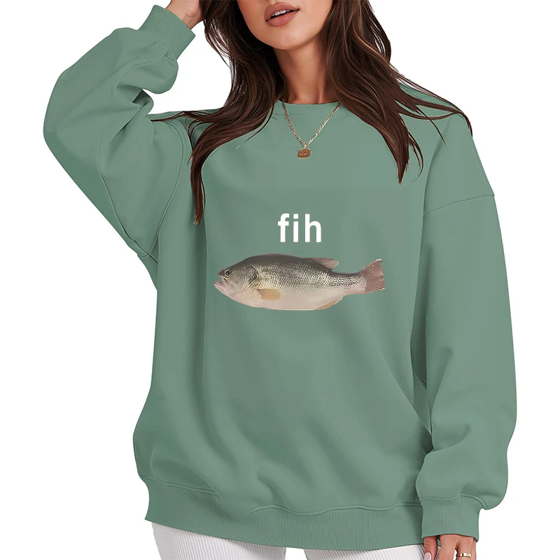 Engraçado fih peixe meme hoodies inverno para mulheres harajuku casual quente pullovers camisolas de manga longa y2k engraçado o-pescoço roupas