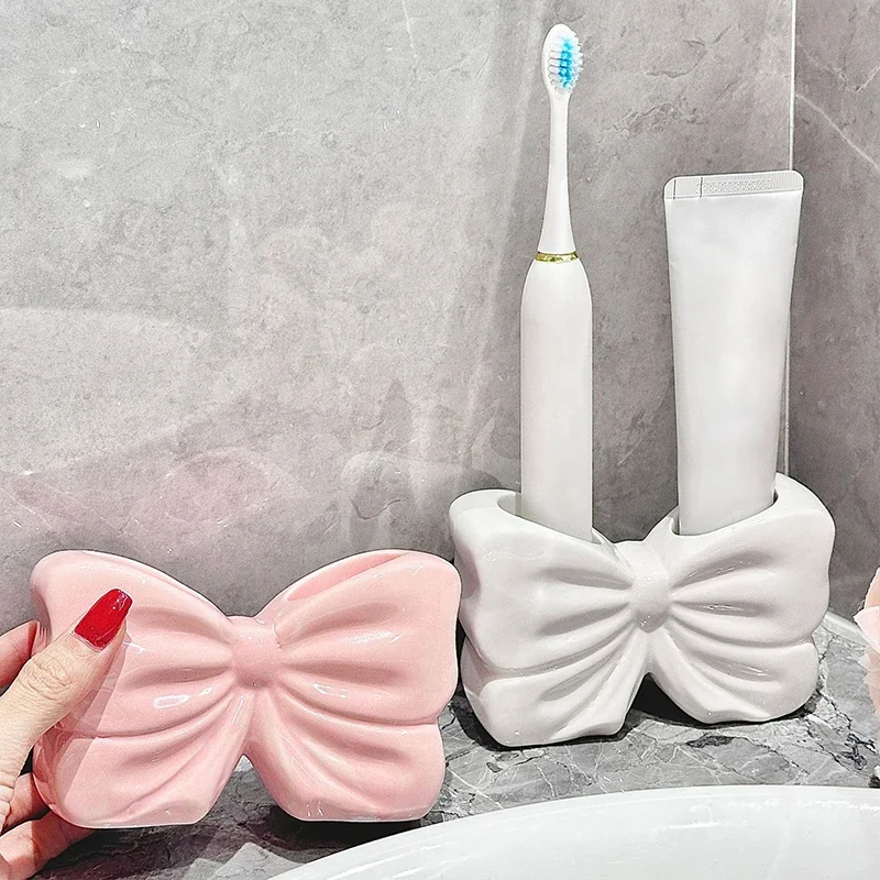 Bonito soporte para cepillos dientes con lazo, adorno cerámica, estante almacenamiento pasta dientes, accesorios