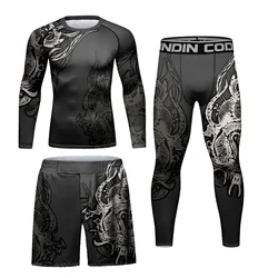 Digital Print Boxe Luta Esportes Kits para Homens, Shorts MMA, BJJ Rashguard Set, Jiu Jitsu gi Roupas de Treinamento, 3 pcs