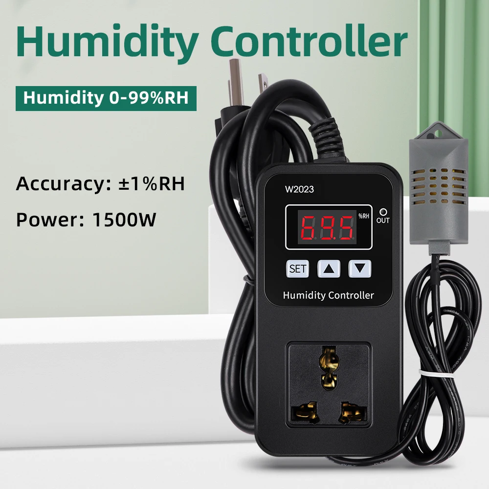 1500W Humidity Controller Socket AC110-220V Humidifier LCD Digital HUMI Control Switch W2023 0-99%Humidity Detection EU US Plug
