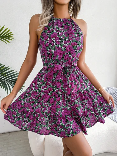 Vestido halter con volantes y estampado floral informal de verano para mujer