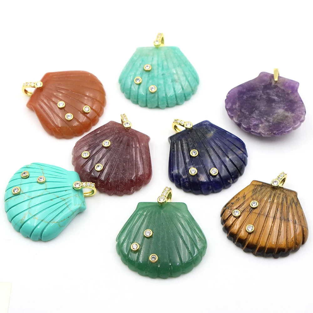 40mm Natural Stone Scallop Shell Pendant Inlaid Zircon Crystal Charm DIY Necklace Jewelry Making Handmade Accessory Crafts Gifts