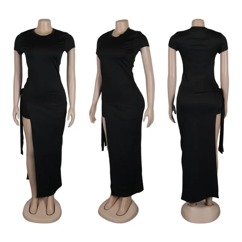 Solidny, casualowy letni dwuczęściowy strój damski, dwuczęściowy zestaw letni, długa bluzka z sznurowaniem i krótkie spodenki z wysokim rozcięciem po bokach, para mujer.