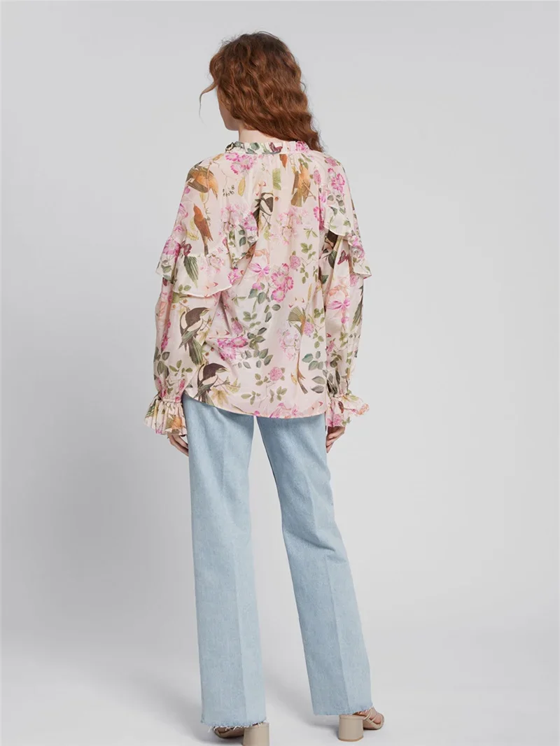 

Ruffles Floral Print Shirt Women Long Flared Sleeve Silk and Cotton Blends Single Breasted 2023 Autumn Female Blouses