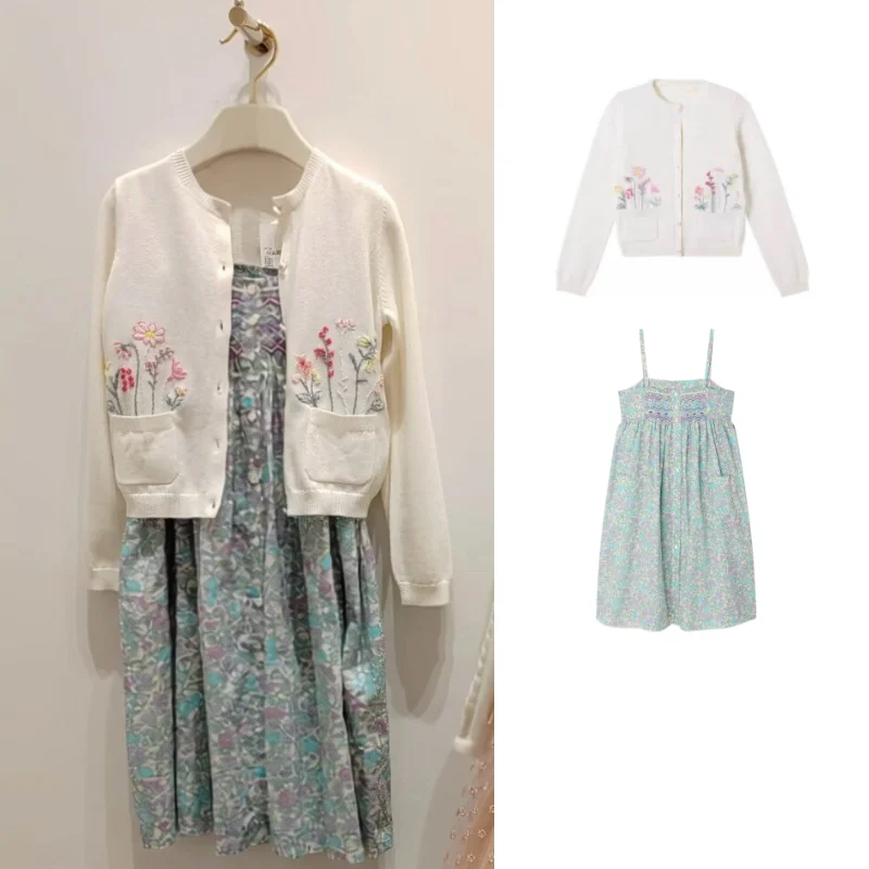 Girls Sweater Fall 2026 New White Hand Embroidered Fashion Kids Knit Cardigan Coat Cotton Broken Flowers Sweet Girls Slip Dress