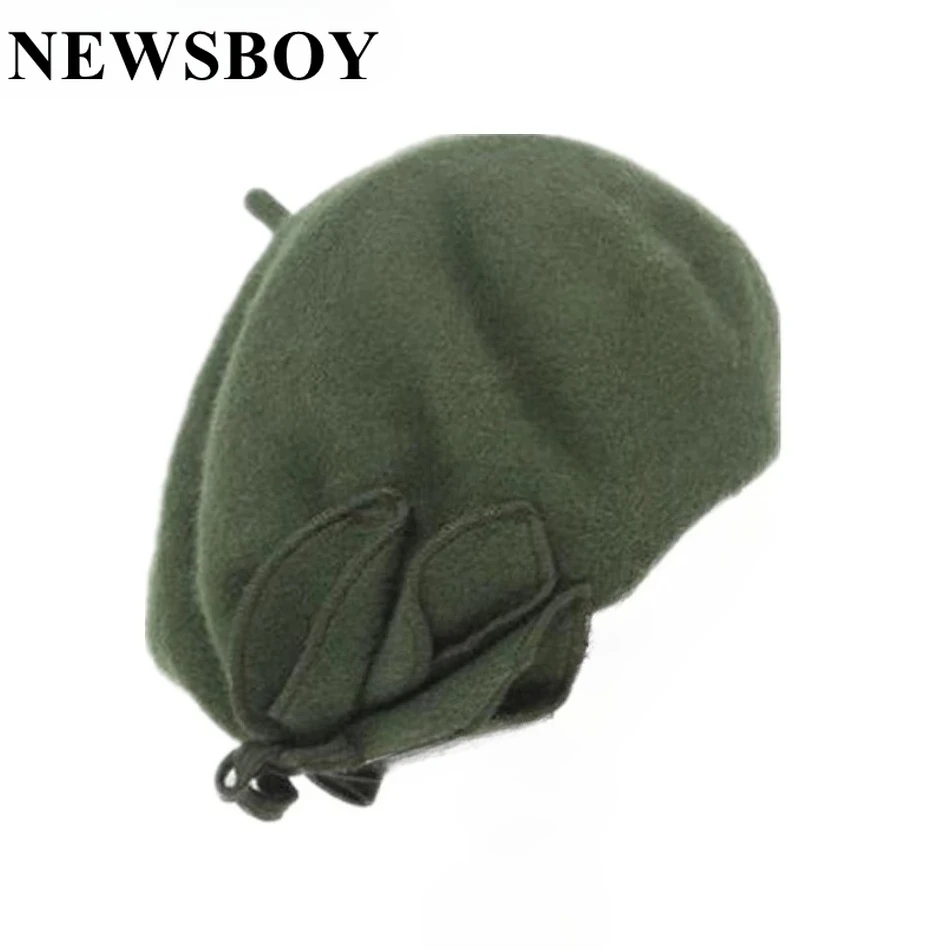 

New Design Women Green 100% Wool French Beret Elegant Painters Hats Ladies Solid Woolen Beret Bowknot Autumn Winter Artist Cap
