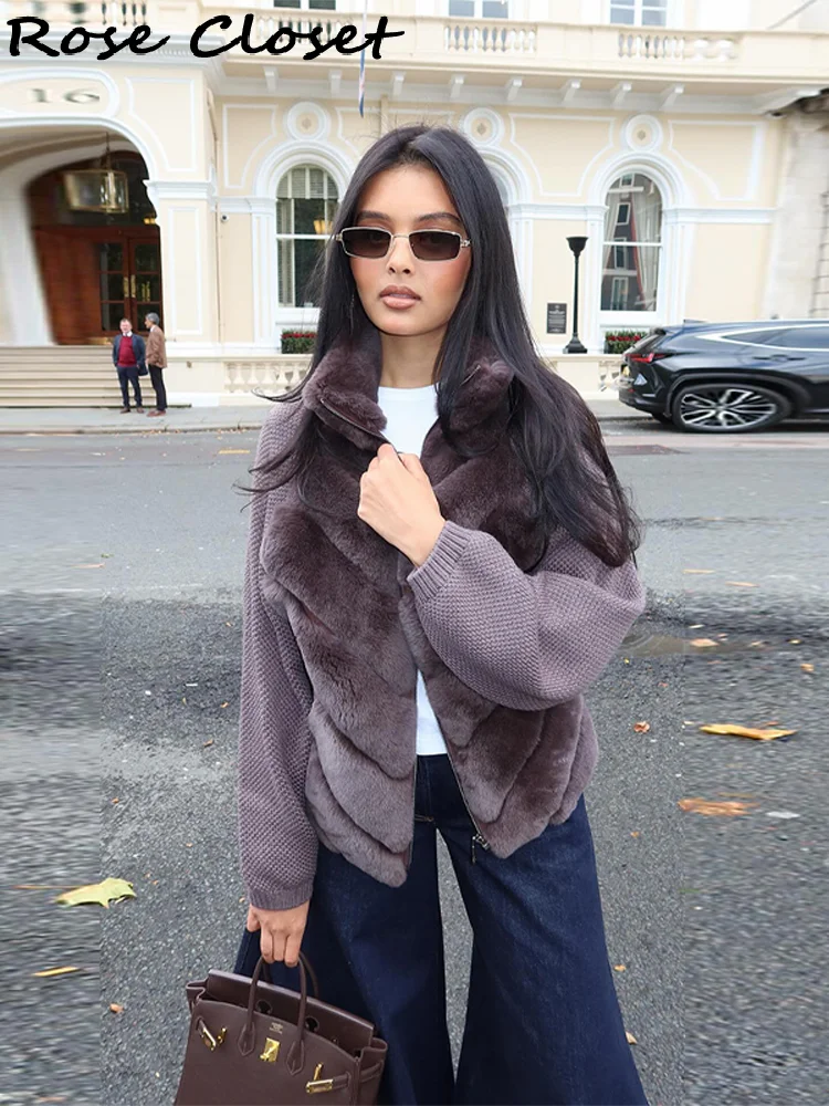 

Luxyry Faux Fur Patchwork Women's Winter Coat Stand Collar Zipper Jacket Knitted Sleeve Outwear 2025 New Warm Lady Coats