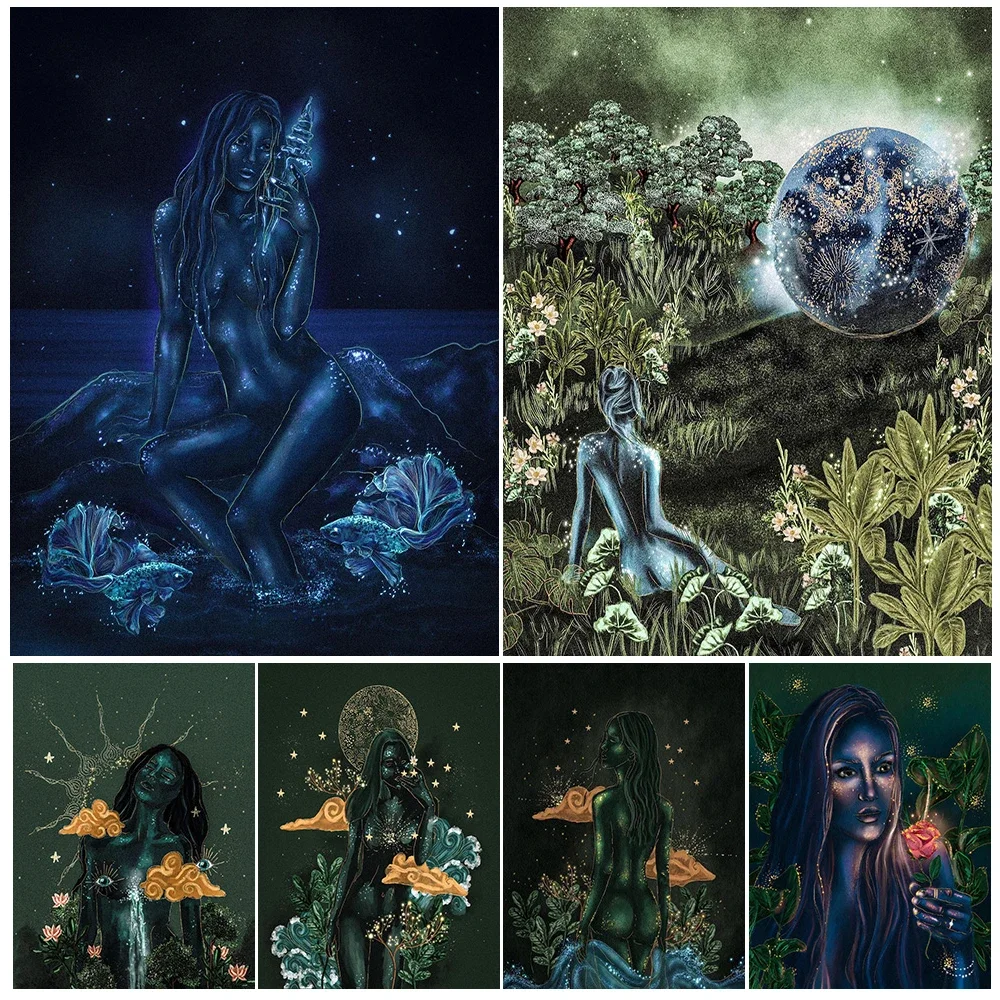 

Night Goddess And Starlight Witch Abstract Wall Art Canvas Painting Magic And Wicca Illustration Art Poster And Print Home Decor