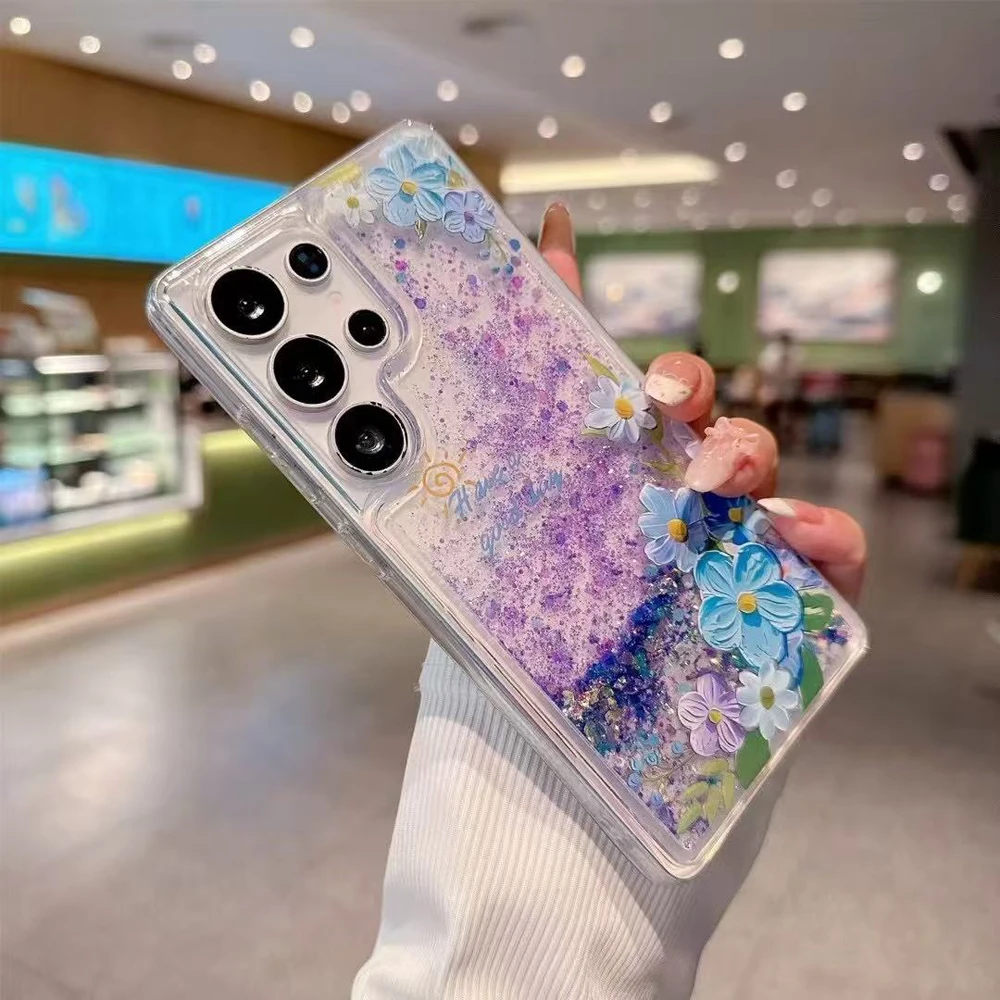 Luminous Sequins Glitter Quicksand Case For Samsung S25 S24 S23 Ultra Glitter Flower Bling Clear TPU Cover