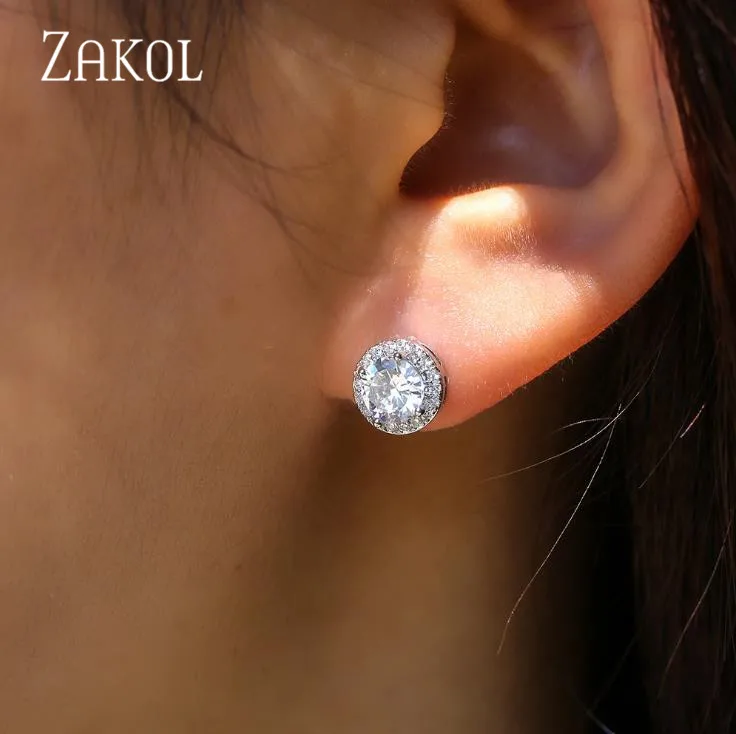 ZAKOL Elicate Small Round Stud Earrings Women with Shiny Cubic Zirconia Simple Versatile Accessories for Teens Fashion Jewelry