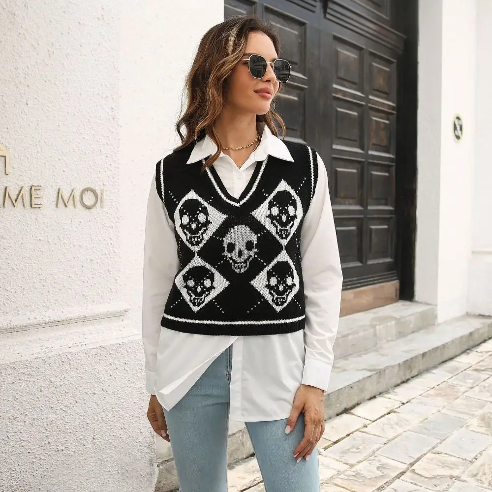 Jersey de punto con estampado de rombos y Calavera, chaleco sin mangas de estilo Preppy, cuello en V, gótico, Y2K, Otoño, negro/rosa