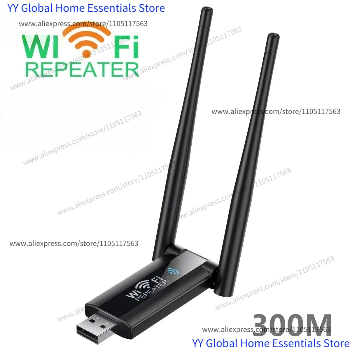 Repetidor WiFi USB Inalámbrico de 2.4GHz y 300Mbps, Amplificador de Señal con 4 Antenas de Largo Alcance para Router de Red Doméstica