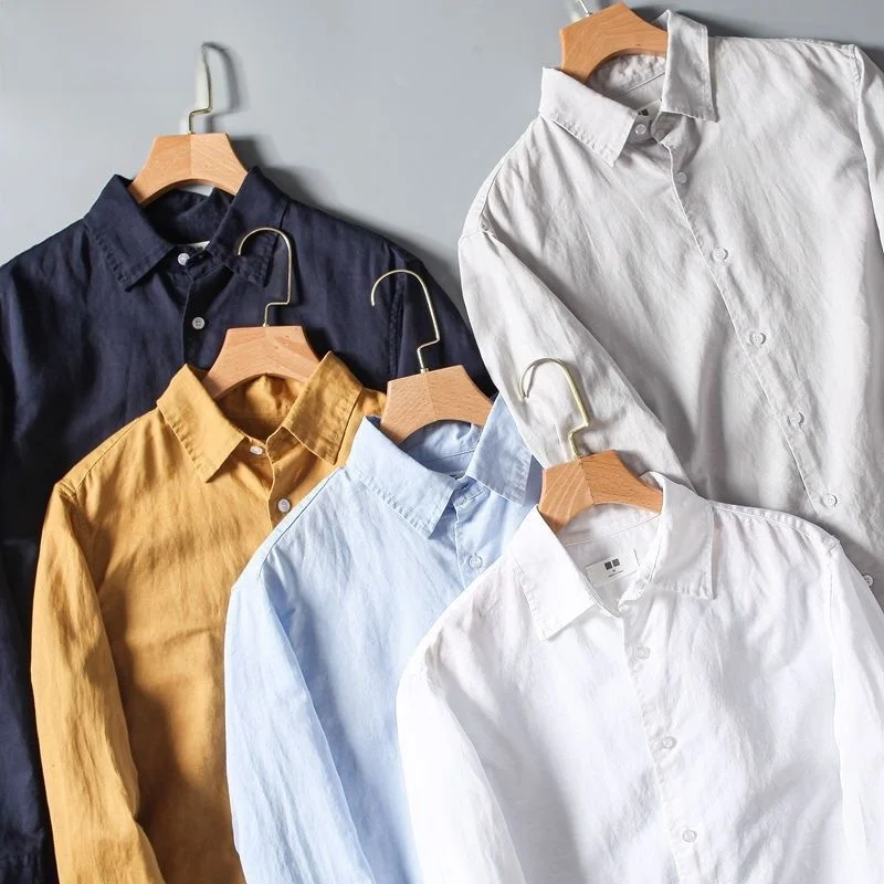 

Natural Linen Men's Casual Long Sleeve Shirt Comfortable Breathable Summer Fashion Urban Style Standard Fit No Pocket Design