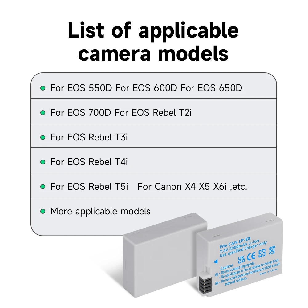 2000mAh LP-E8 LP E8 LPE8 Battery+LCD USB Dual Charger for Canon EOS Rebel T3i T2i T4i T5i 600D 550D 650D 700D Kiss X5 X4 X6 X7