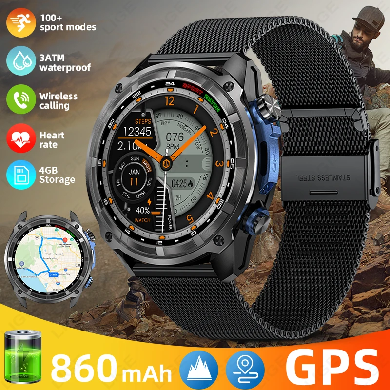 

LIGE 860mAh Outdoor Sports Fitness Flashlight Smart Watch 2025 New GPS AMOLED Men Bluetooth Call 3ATM Waterproof Smartwatch