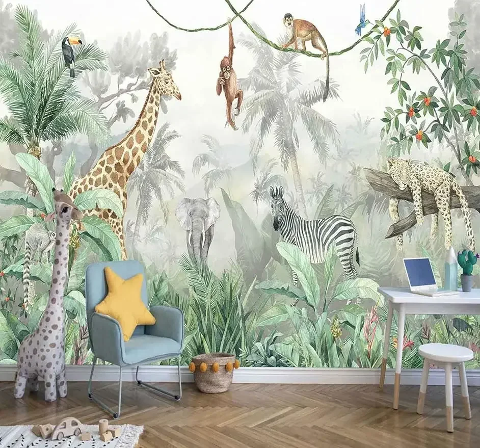 

Kids Wallpaper Tropical Leves and Safari Animals Wall Mural for Wall Bedroom Living Room TV