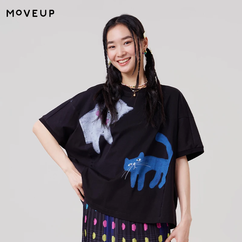 

MOVEUP Casual Short Sleeved Round Neck Top 2026 Summer New Raglan Sleeves Cartoon Cat Print Office Knit Tee For Women 3ELX10501