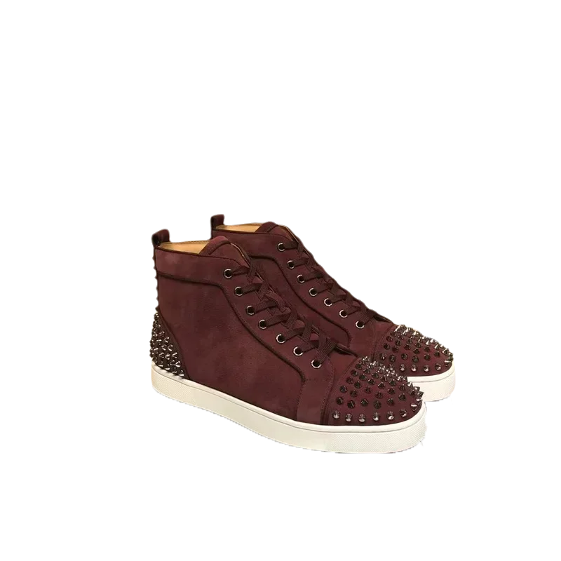 Designer HighTop Scarpe con fondo rosso per uomo Scarpe da ginnastica Guida in pelle scamosciata a spillo Vera pelle Argento Rivetti Punta dei piedi Tacchi Flats Sneaker