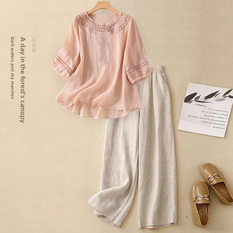 

Summer Mommy Pure Color round Neck Cotton Linen Set Women's T-Shirt Loose Embroidered Shirt Wide Leg Pants Two-Piece Set