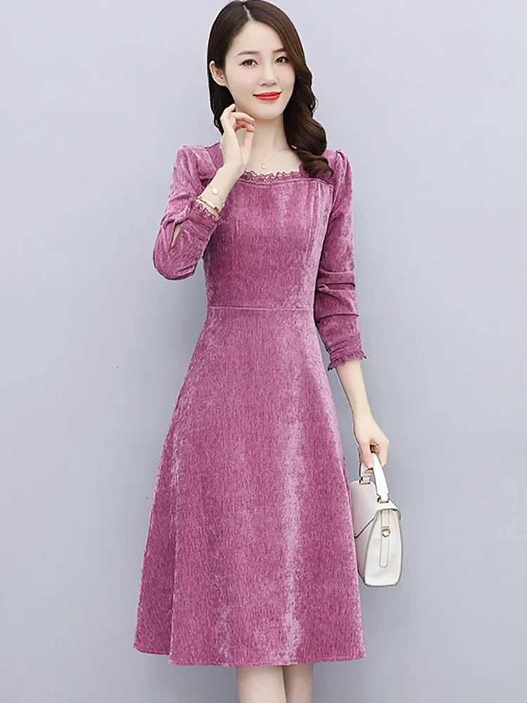 Autumn Winter Corduroy Vintage Midi Vestidos Women Long Sleeve Chic Lace Sqaure Collar Dress 2024 Elegant Festival Party Dress