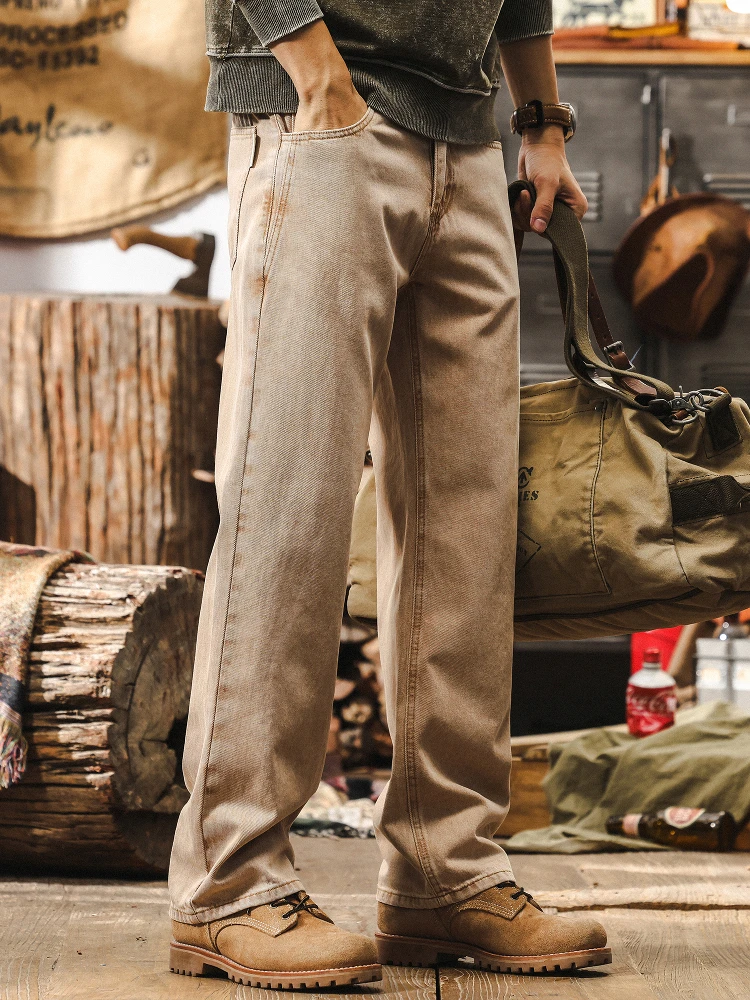 

Мужские джинсы цвета хаки в стиле ретро, повседневные прямые брюки, весна-осень, модная брендовая свободная рабочая одежда, брюки для отдыха