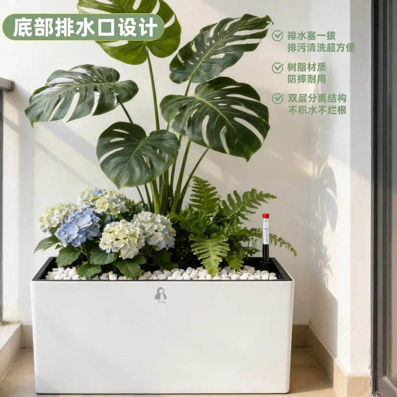 Home Indoor Living Room Lazy Self-priming White Plastic Rectangle King Size Balcony Turtle Bamboo Resin Flower Box