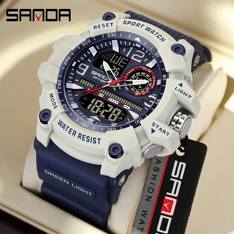 SANDA Fashion Men Electronic Watch Multifunctional Chronograph 5Bar Waterproof LED Luminous Dual Display Student Sports Watch