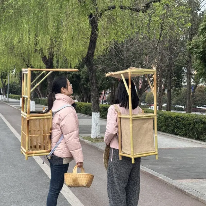 Bamboo ancient style backpack Chinese style walking monk scholar ancient backbasket bamboo weaving props