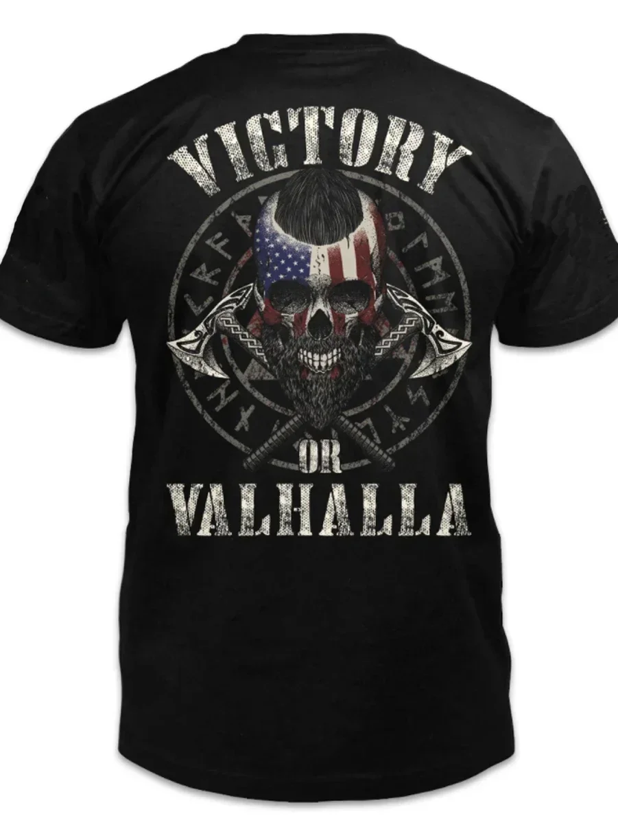 Victory or Valhalla. American  Warrior Skull T-Shirt New 100% Cotton O-Neck Short Sleeve Casual Mens T-shirt Size S-3XL