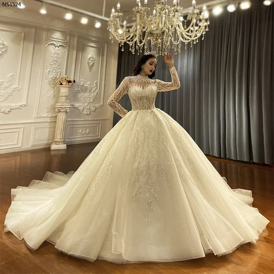 Arabic Dubai Wedding Dress High Neck Full Sleeve Embroidered Sequins Beading Princess Birde Bridal Gowns Vestido De Novia